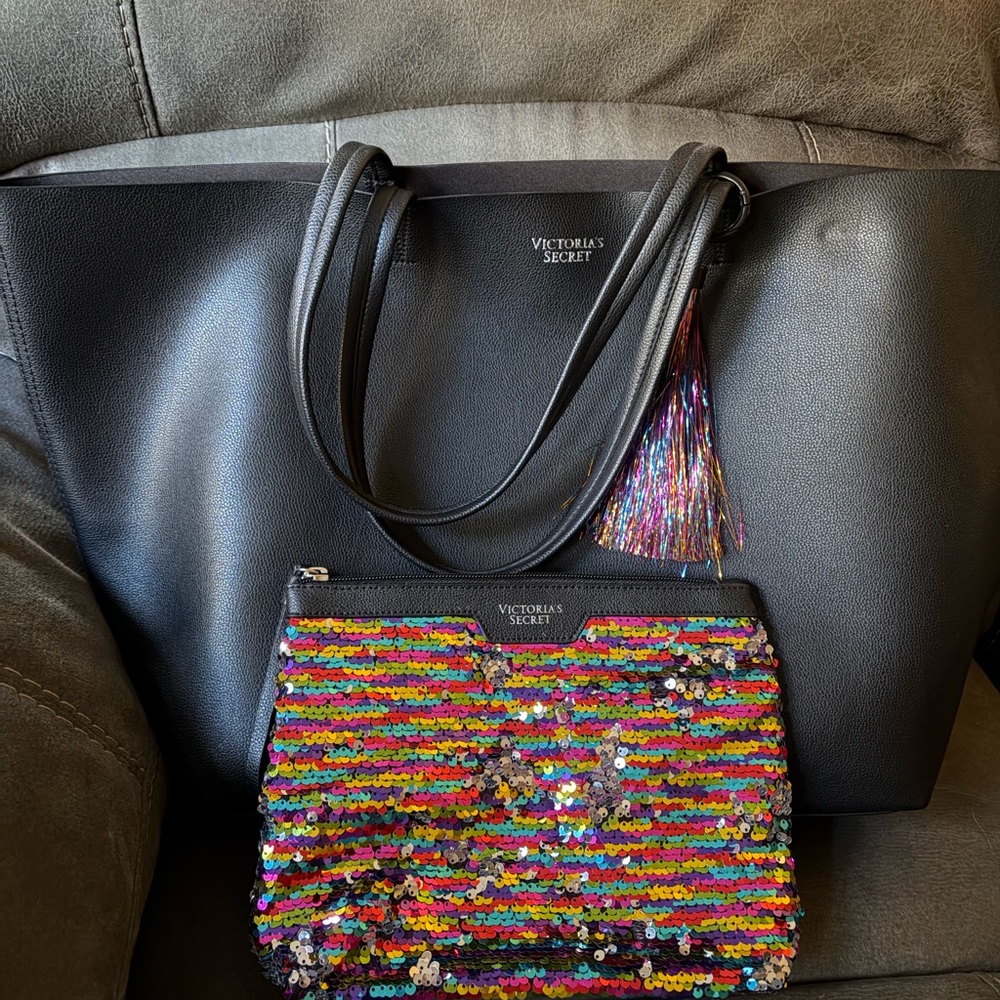 Victoria's Secret Black Tote with Colorful Sequin Pouch